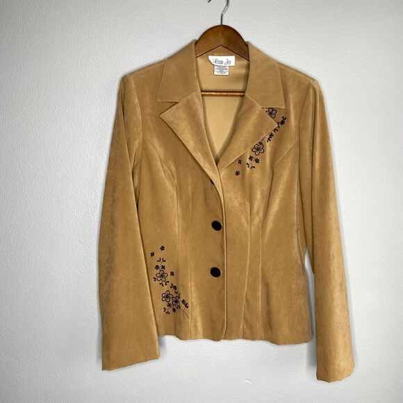 Lisa Jo Women's 14 Tan Black Floral Embroidered Faux Suede Lightweight Blazer - Picture 1 of 14